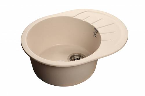 "GRANFEST" Мойка RONDO, мрамор, 580 мм х 450 мм, врезная, круглая, белый, с сифоном, 30070