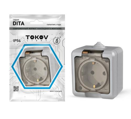 Розетка 1-м ОП Dita 16А IP54 250В с заземл. с прозр. крышкой сер.TOKOV ELECTRIC TKL-DT-R1Z-C06T-IP