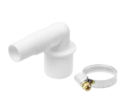 Угловой штуцер d32 - 19/22 мм с хомутом для сливного шланга стиральных машин MasterProf