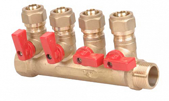 Коллектор прямой с шар.кранами, латунь, 3/4", 4 выхода евроц. 16, красн. ручка
