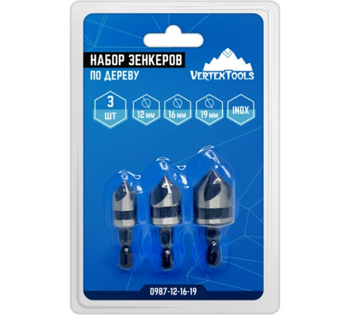Набор зенкеров по дереву 3 шт, 12 мм, 16 мм, 19 мм vertextools 0987-12-16-19