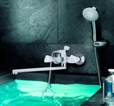 RUSANT белый Смеситель для ванны, кран-букса керамика, излив L-образный 35 см. 63 LUX