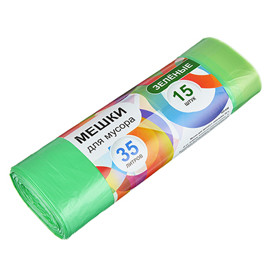 Мешки для мусора с завязками 35л, 15шт,стандарт, зелёные
