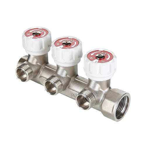 Коллектор 3/4" труба, 3 вых. на 1/2" ш., с регулировочными вентилями (на подающий трубопровод) V